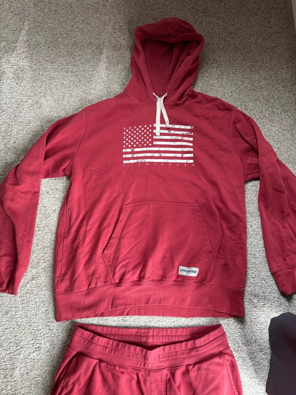 Life Is Good Red Hoodie XXL & Joggers XL Set with Distressed Flag